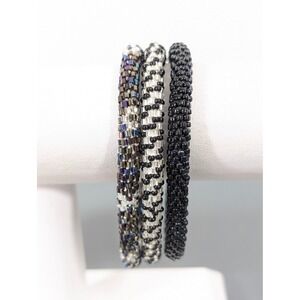 Lily & Laura Set of 3 Roll On Beaded Bracelets Black Gray Stack